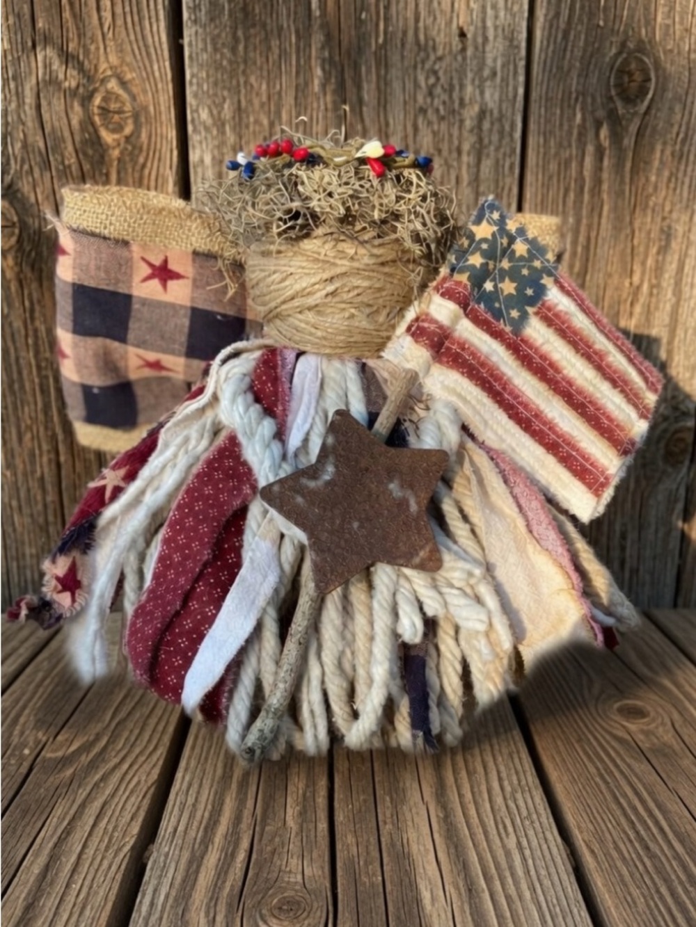 Handmade Patriotic Mop Angel with Rustic American Flag
